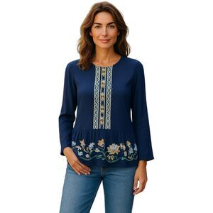John Paul Richard Women's S Boho Top Long Sleeve Embroidered Blue and yellow #21